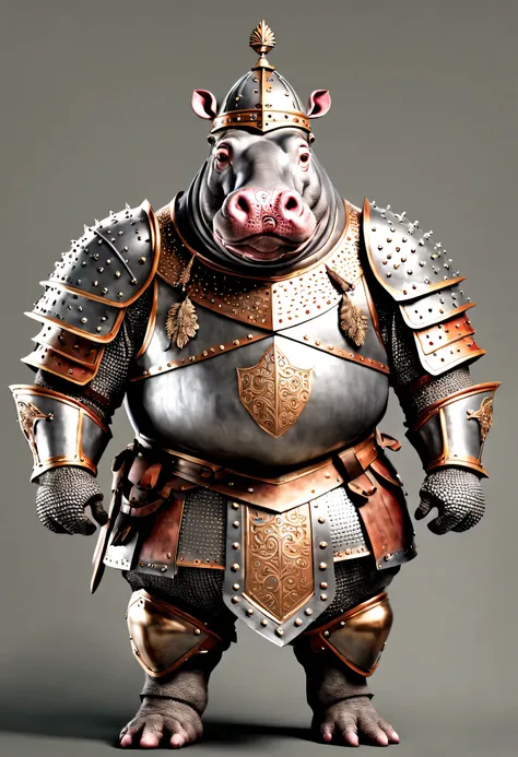 photorealistic portrait of Dressed animals - a ((fat)) hippo warrior,(brave pose), high quality,(lovely) ,intricate details, highly detailed ((medieval armor and helmet)) ,,highly detailed decorations, , (brave), studio lighting,(full body image:1.5)