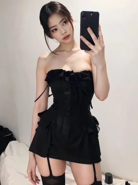 there is a woman in a negro dress taking a selfie, wearing corset, corset, elegant corset, very tight corset, cruel korean gothi...