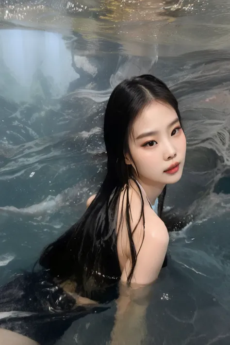 there is a woman in a black bikini in a pool, in water up to her shoulders, in water, xintong chen, queen of the sea mu yanling, in the water, wenfei ye, yanjun chengt, xision wu, in the sea, gorgeous chinese model, in the ocean, blackpink jennie, xue han,...