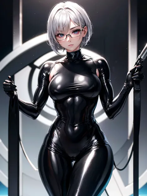 top quality 8k uhd、short hair、pieces fly、cute eyes、silver hair、glasses、logic、full body gloss、beautiful woman wearing a full-body...