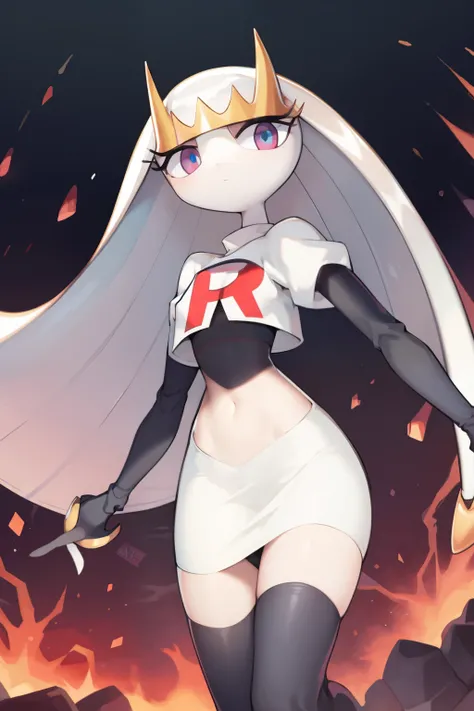 pheromosa, furry female, anthro, segmented body, long hair, solo, (best quality),dramatic lighting, looking at viewer, 2 fingersteam rocket,team rocket uniform,white skirt,crop top,black thigh-highs,black elbow gloves