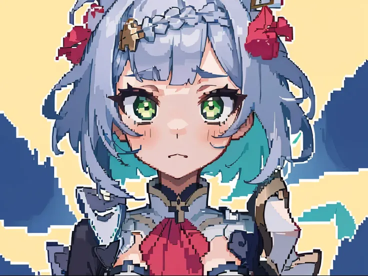 masterpiece, high quality, hcnone, pixel art, 1girl, noelle genshin impact, silver hair, green eyes, simple gold color background