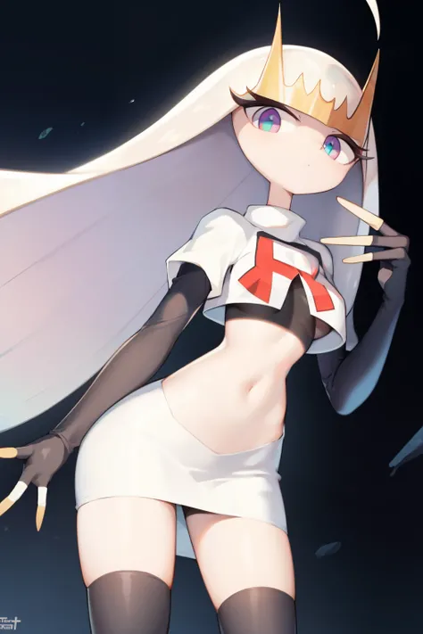 pheromosa, furry female, anthro, segmented body, long hair, solo, (best quality),dramatic lighting, looking at viewer, 2 fingersteam rocket,team rocket uniform,white skirt,crop top,black thigh-highs,black elbow gloves