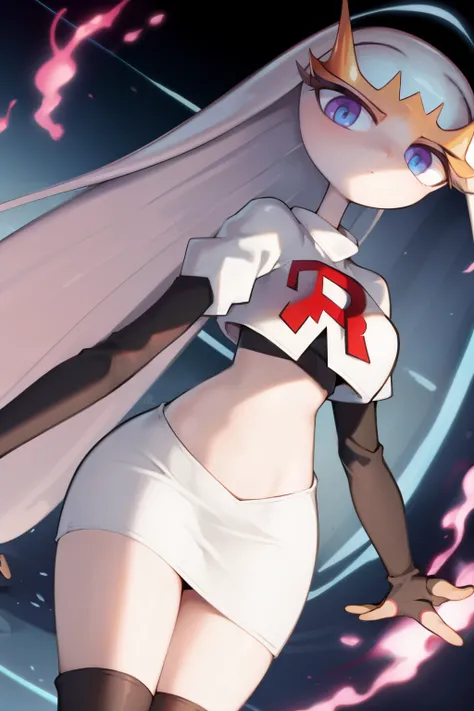 pheromosa, furry female, anthro, segmented body, long hair, solo, (best quality),dramatic lighting, looking at viewer, 2 fingersteam rocket,team rocket uniform,white skirt,crop top,black thigh-highs,black elbow gloves