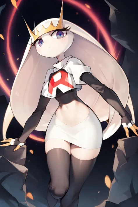 pheromosa, furry female, anthro, segmented body, long hair, solo, (best quality),dramatic lighting, looking at viewer, 2 fingersteam rocket,team rocket uniform,white skirt,crop top,black thigh-highs,black elbow gloves