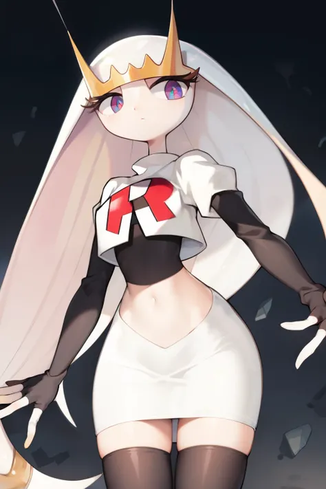 pheromosa, furry female, anthro, segmented body, long hair, solo, (best quality),dramatic lighting, looking at viewer, 2 fingersteam rocket,team rocket uniform,white skirt,crop top,black thigh-highs,black elbow gloves