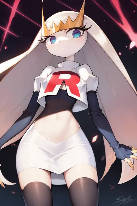 pheromosa, furry female, anthro, segmented body, long hair, solo, (best quality),dramatic lighting, looking at viewer, 2 fingersteam rocket,team rocket uniform,white skirt,crop top,black thigh-highs,black elbow gloves