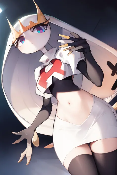 pheromosa, furry female, anthro, segmented body, long hair, solo, (best quality),dramatic lighting, looking at viewer, 2 fingersteam rocket,team rocket uniform,white skirt,crop top,black thigh-highs,black elbow gloves