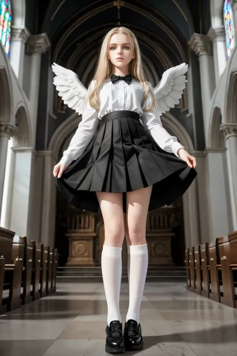 masterpiece, best quality, hyperrealistic, cinematic photo, 14 year old angel, with black wings, pale skin, italian amazing slim body, White blouse, black pleated skirt, white knee-high socks, school black shoes, long blonde hair, large legs, perfect hands...