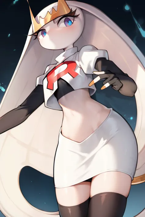 pheromosa, furry female, anthro, segmented body, long hair, solo, (best quality),dramatic lighting, looking at viewer, 2 fingersteam rocket,team rocket uniform,white skirt,crop top,black thigh-highs,black elbow gloves