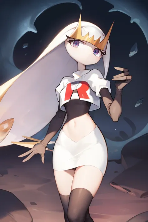 pheromosa, furry female, anthro, segmented body, long hair, solo, (best quality),dramatic lighting, looking at viewer, 2 fingersteam rocket,team rocket uniform,white skirt,crop top,black thigh-highs,black elbow gloves