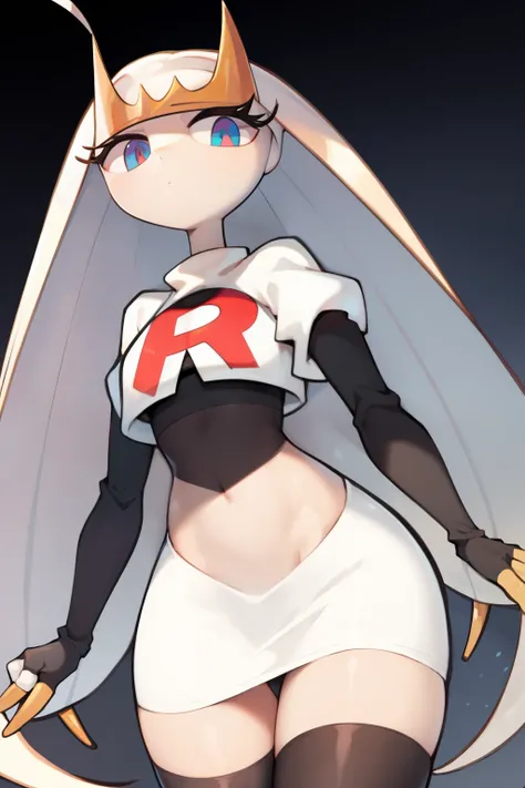 pheromosa, furry female, anthro, segmented body, long hair, solo, (best quality),dramatic lighting, looking at viewer, 2 fingersteam rocket,team rocket uniform,white skirt,crop top,black thigh-highs,black elbow gloves