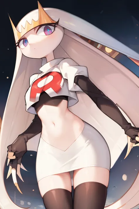 pheromosa, furry female, anthro, segmented body, long hair, solo, (best quality),dramatic lighting, looking at viewer, 2 fingersteam rocket,team rocket uniform,white skirt,crop top,black thigh-highs,black elbow gloves
