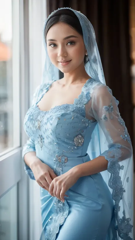 beautiful, cute baby face, 16 years old russian muslim girl, (wearing blue hijab), full hijab, sexy long sleeves kebaya dress, s...