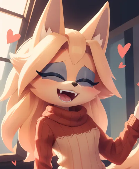 Masterpiece, high quality, studio quality, intricate details, 4k, 1girl, solo, Whisper the wolf, :D, hearts, sweater, fangs, eyes closed