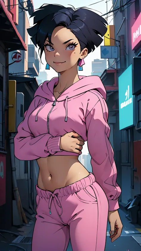 (La mejor calidad,A high resolution,Ultra - detallado,actual),amywong, black hair, 1girl, solo, black eyes, pink hoodie, short hair, navel, pink pants, long sleeves,looking at viewer, smile, standing, best quality, high quality, masterpiece, absurdres,   (...