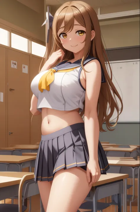 masterpiece, best quality, (kunikida hanamaru), (long hair:0.888), playful pose,sailor top, gray pleated skirt, midriff, navel, ...