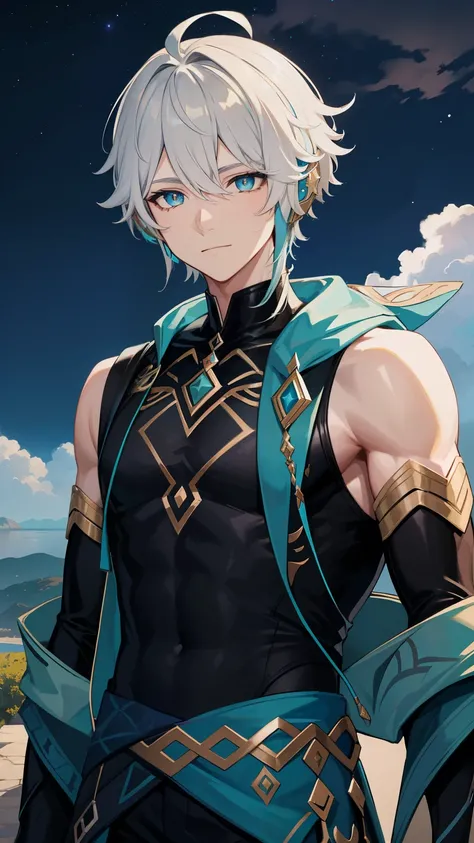 (high-quality, breathtaking),(expressive eyes, perfect face) 1boy, male, solo, young adult, short hair length, blue eye color, white hair, multicolored hair, blonde streaks in hair, blue streaks in hair,blue highlights in hair, black sleeveless shirt, thic...