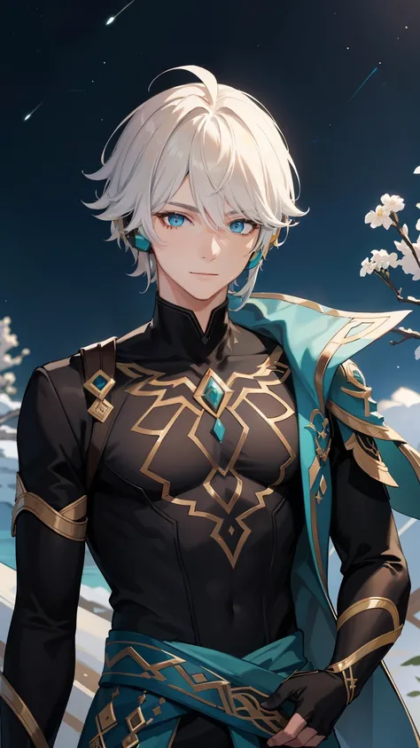 (high-quality, breathtaking),(expressive eyes, perfect face) 1boy, male, solo, young adult, short hair length, blue eye color, white hair, multicolored hair, blonde streaks in hair, blue streaks in hair,blue highlights in hair, black sleeveless loose shirt...