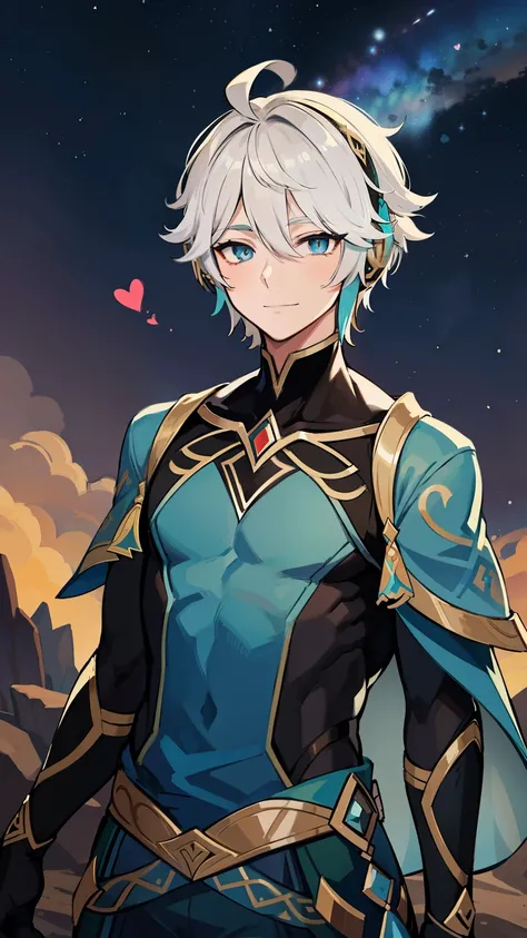 (high-quality, breathtaking),(expressive eyes, perfect face) 1boy, male, solo, young adult, short hair length, blue eye color, white hair, multicolored hair, blonde streaks in hair, blue streaks in hair,blue highlights in hair, black sleeveless loose shirt...