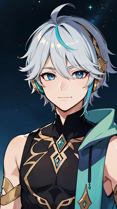 (high-quality, breathtaking),(expressive eyes, perfect face) 1boy, male, solo, young adult, short hair length, blue eye color, white hair, multicolored hair, blonde streaks in hair, blue streaks in hair,blue highlights in hair, black sleeveless loose shirt...