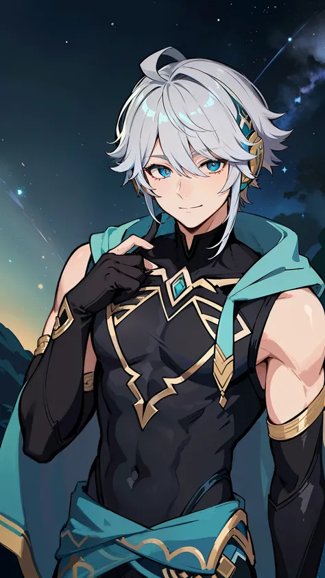 (high-quality, breathtaking),(expressive eyes, perfect face) 1boy, male, solo, young adult, short hair length, blue eye color, white hair, multicolored hair, blonde streaks in hair, blue streaks in hair,blue highlights in hair, black sleeveless loose shirt...