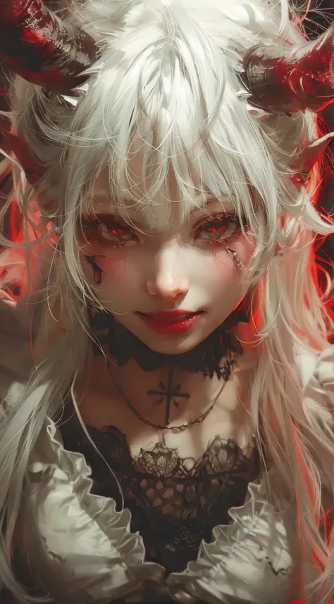 an anime girl with white hair, creepy smile, she have horns, demon aesthetic, vampire aesthetic, pointed incisors, meticulous, in the style of gerald brom