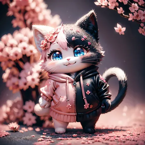 masterpiece、top-quality、ultra-detailliert、(Chibi, Rose Flower Carpet,A smile,Full-body standing figure,Glitter, wearing a hoodie and jeans,Pixar style super cute, standing, charming big eyes, cute tail, surreal, super fine, super detailed, illusory engine...