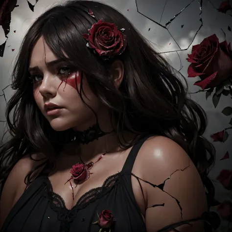 (((one bbw brunette woman))) broken heart, devastated, wind blown hair, (eden), (pink roses) ethereal, (8k hdr 0.8) (cinematic l...