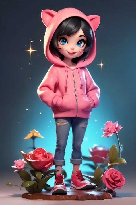 masterpiece、top-quality、ultra-detailliert、(Chibi, female that is hybrid humancat, black and pink hair , blue eyes, Rose Flower Carpet,A smile,Full-body standing figure,Glitter, wearing a black hoodie with cat ears and jeans,Pixar style super cute, standin...