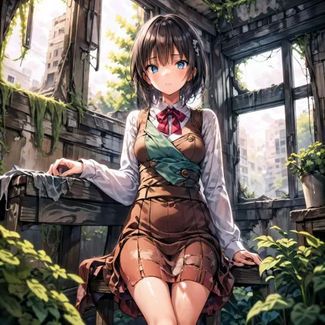 concept art of a post-apocalyptic world with ruins, overgrown plants, flat chest，((the only girl who survived))，the content is v...