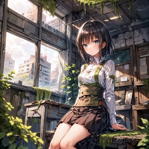 concept art of a post-apocalyptic world with ruins, overgrown plants, flat chest，((the only girl who survived))，the content is v...