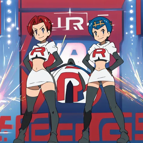 8k, anime screencap,1girl in, (solo:1.1), (perfect body:1.1), (best quality:1.1), very large breast, team rocket uniform, red letter r, white skirt,white crop top,black thigh-high boots, black elbow gloves, evil smile, looking down at viewer, hands on hips...