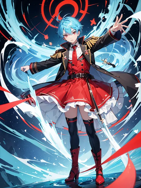 ((a boy)), powder blue hair, ((scarlet red eyes)), ((idol clothes)), ((Cross-dressing)), long boots, ((Beautiful boy)), ((individual)), ((dress)), military coat