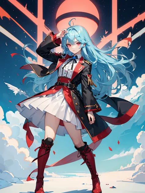 ((a boy)), powder blue hair, ((scarlet red eyes)), ((idol clothes)), ((Cross-dressing)), long boots, ((Beautiful boy)), ((individual)), ((dress)), military coat