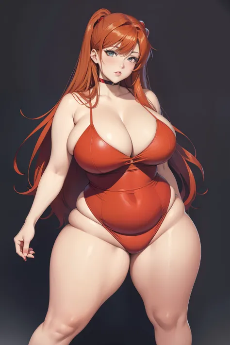 Full body portrait photo of anime bbw girl in red bikini with long hair and big breasts, very fat curvy body, wide waist and wide hips, rounded and beautiful face, very similar portrait of Asuka Langley Soryu, Asuka Langley, female anime character, beautif...