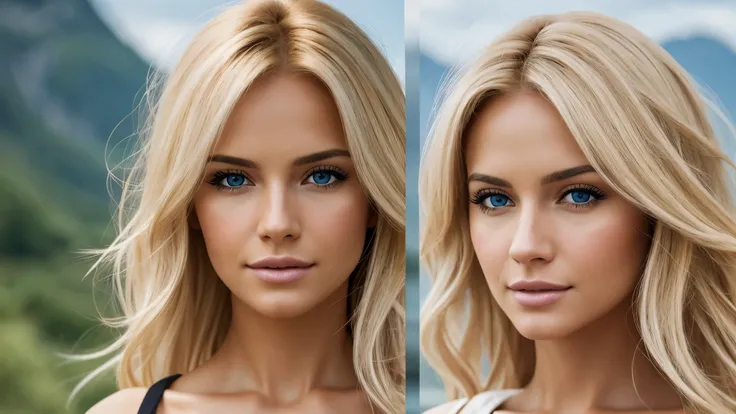 Photorealistic of a insanely beautiful woman with blonde windy messy hair, in the style of panasonic lumix s pro 50mm f/1.4, light beige and dark azure, celebrity images mashups, soft realism, barbiecore, unreal engine 5, 32k uhd, luminous quality, swiss r...