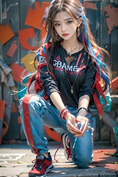 realistic, High resolution, colorful, color splash, splash, 1 girl, alone, hip up, beautiful eyes, rainbow hair, Medium chest, T-shirt, Blue pants , red jacket, street wear, bracelet,elegant necklace, elegant diamond earrings, fashion magazine