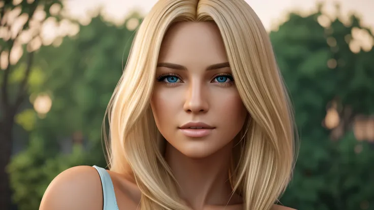 Photorealistic of a insanely beautiful woman with blonde shoulder length hair, in the style of panasonic lumix s pro 50mm f/1.4, light beige and dark azure, celebrity images mashups, soft realism, barbiecore, unreal engine 5, 32k uhd, luminous quality, swi...