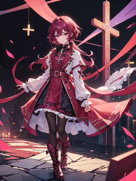 ((a boy)), scarlet hair, ((magenta eyes)), ((idol clothes)), ((Cross-dressing)), long boots, ((Beautiful boy)), ((individual)), ((dress))