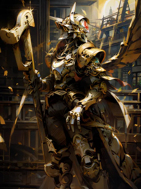 Armor-style nights, gold armor, cloth robes, red cloth, light armor, dragon armor, ra_ygo, ra_ygo armor, Dexo, Dexo head, small wings, bright gold armor, reflective gold armor, holding rifle, holding gun, standing in rubble, standing in ruin, surrounded by...