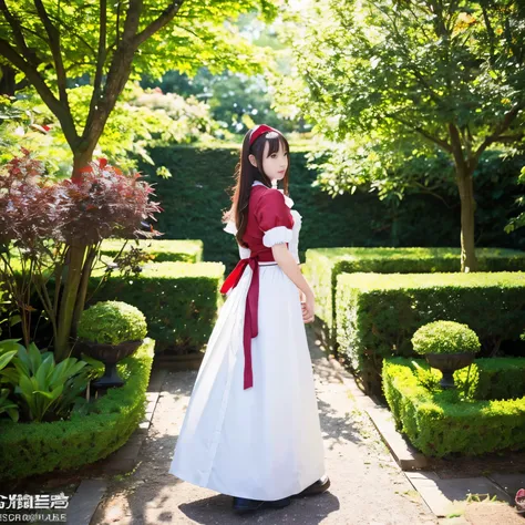 Asuna from Sword Art Online, [3Dimage:1.35]、garden、 ultra precision、[[with high quality animation、Cute Asuna with brown hair and brown eyes:1.15]]、Maid clothes, 8Ｋimage, best pictures,Asuna Yuki ,