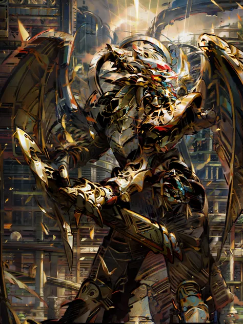 Armor-style nights, gold armor, cloth robes, red cloth, light armor, dragon armor, ra_ygo, ra_ygo armor, Dexo, Dexo head, small wings, bright gold armor, reflective gold armor, holding rifle, holding gun, standing in rubble, standing in ruin, surrounded by...