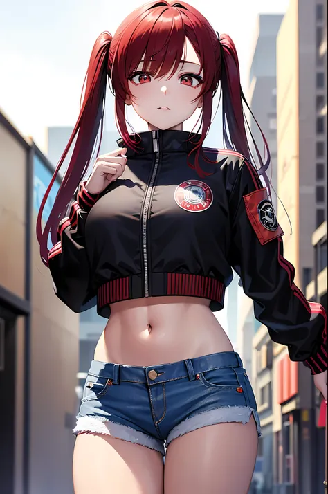 Female Asian Irina Shidou redhead twintails, Bomber jacket and crop top, wearing denim shorts, ray tracing, reflective light, depth of field, cowboy_firing, masterpiece, best quality, high details, high quality, UHD , (Tokyo street background),attractive ,...