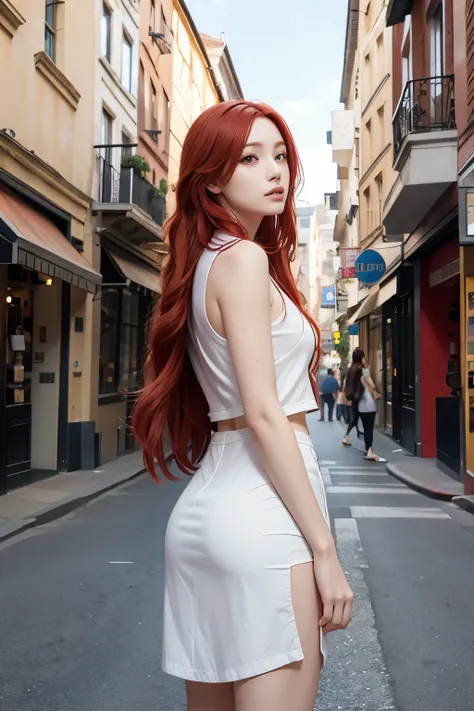 One with long red hair，Standing on the city street，daytime，ultra high resolution，1.4x more realism，UHD Ultra HD