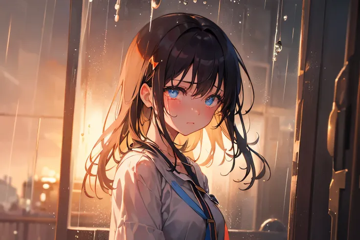 Create exquisite illustrations reminiscent of Makoto Shinkais style, It has ultra-fine details and top-notch quality. Create a high-quality illustration of a beautiful girl crying in the rain, surrounded by a nostalgic and fantastical atmosphere, ensuring ...