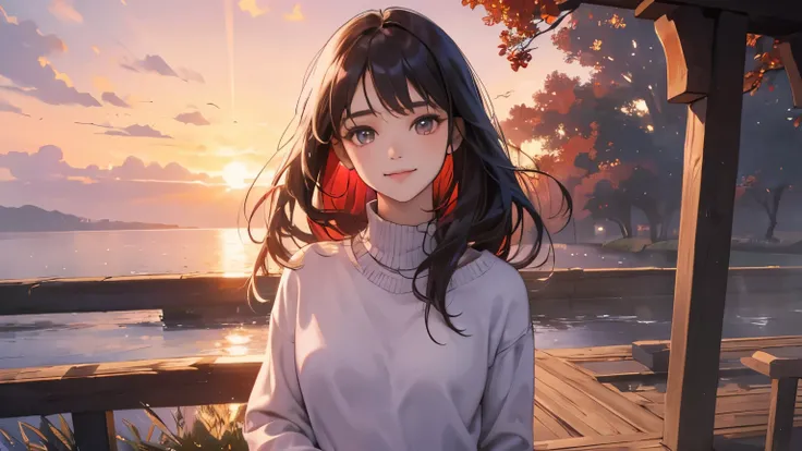 ((masterpiece)),(((bestquality))),((ultra-detailed)) realisticlying, 1 girl, Beautiful, standing, wearing a sweater, Beautiful sunrice, solo,  The sky turns red at morning, Face smile, looking to viewer, white rose, outdoor.