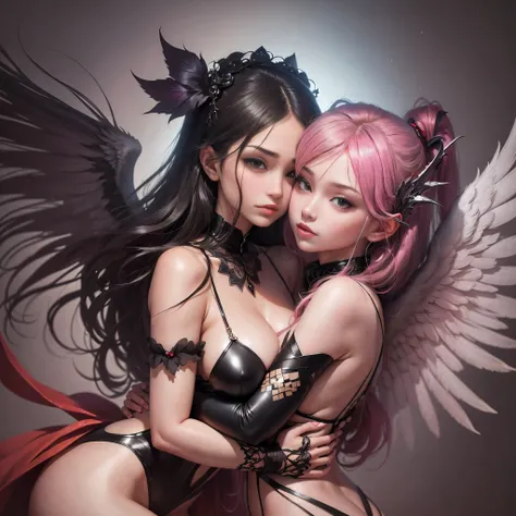 Anime. 1 angel woman and 1 devil women in a warm embrace. Blurred background