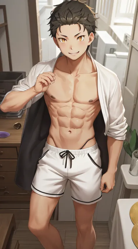 high resolution， sharp focus， Pixiv masterpiece， （（intricate details））， Very detailed， natsuki_subaru， 1 person， Smile， golden eyes（eyes glow）， black hair color hair，white shorts，shirtless，abdominal muscles，looking from bottom to top，simple background