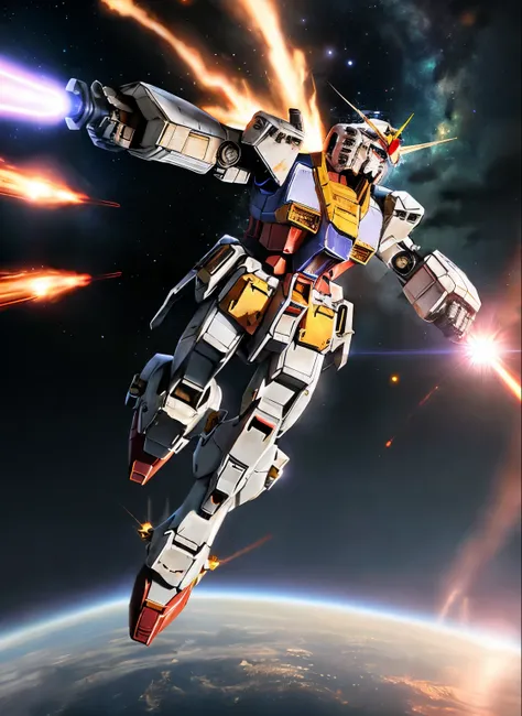 Giant (Gundam F91 1.2)、SD Art、chibi character,robot mechanic、outer space、Maximum output、continuous attack、beam radiation、Vesbar、Fully armed、earth in background,、Flying through the air like a comet、Hold up your saber、and flames surround it, steel, rust on e...